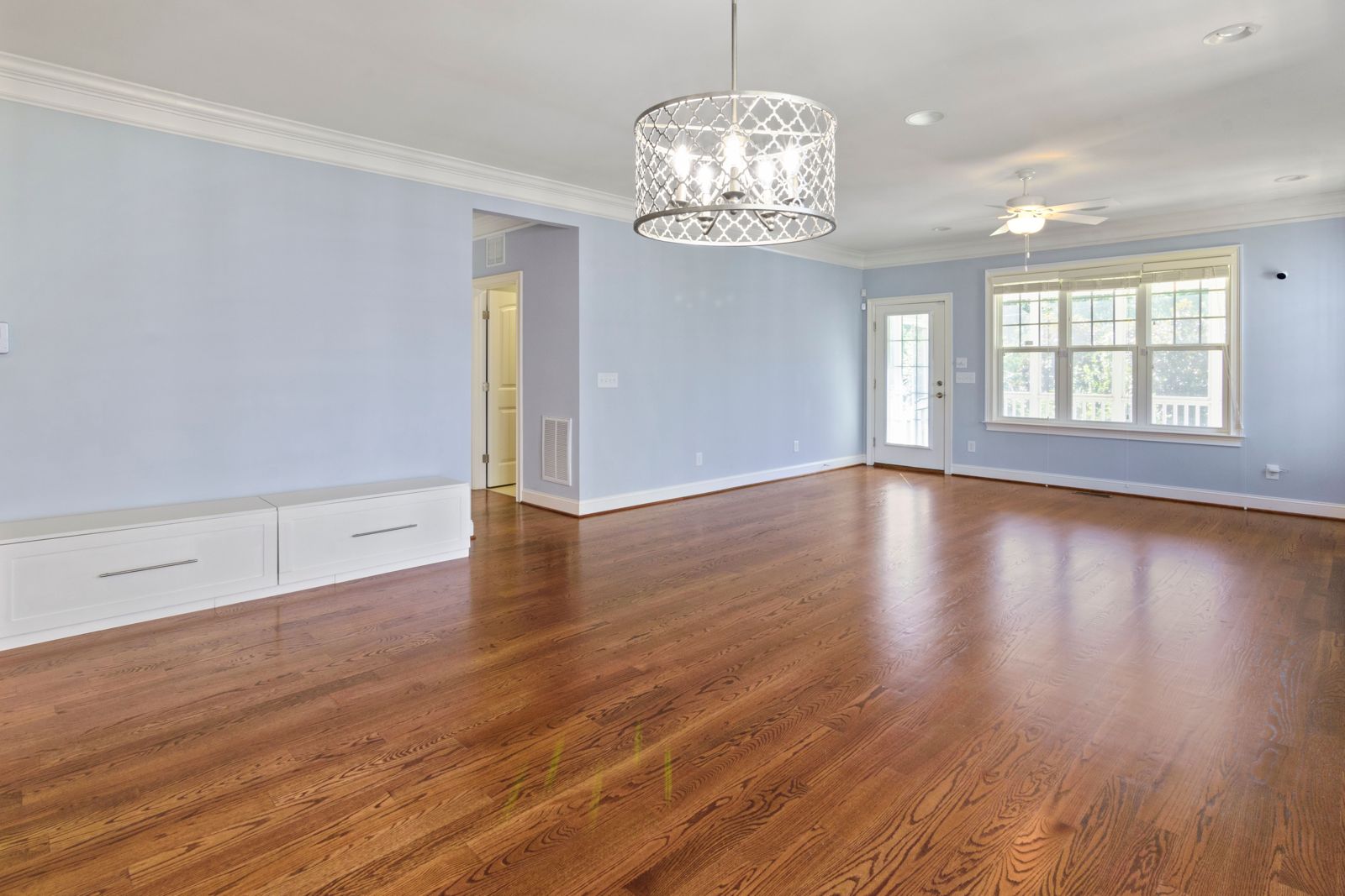 Finished stained hardwood floor in a living room
